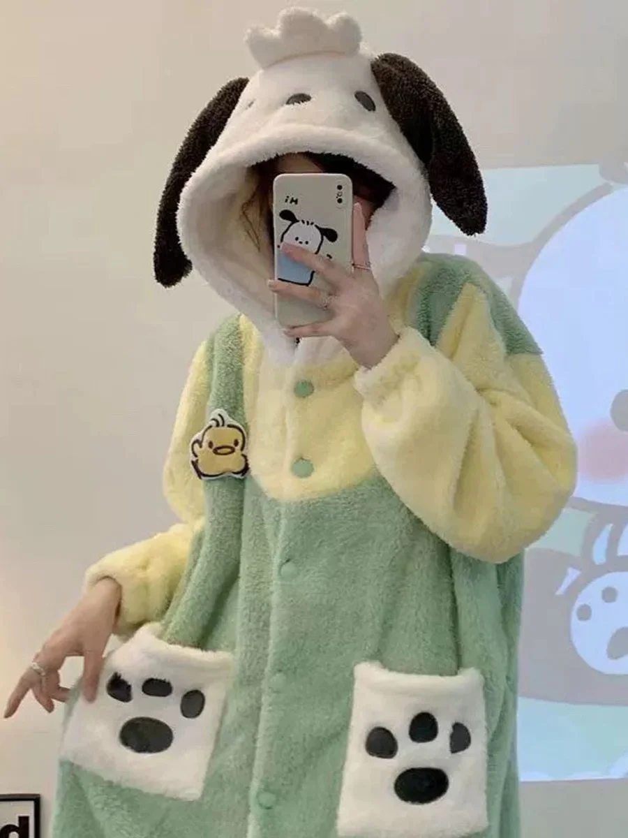 Pacha Dog Clownfish Cartoon One-Piece Pajamas Women Winter Cute Thickened Homewear Hood Coral Fleece Nightgown Nightdress