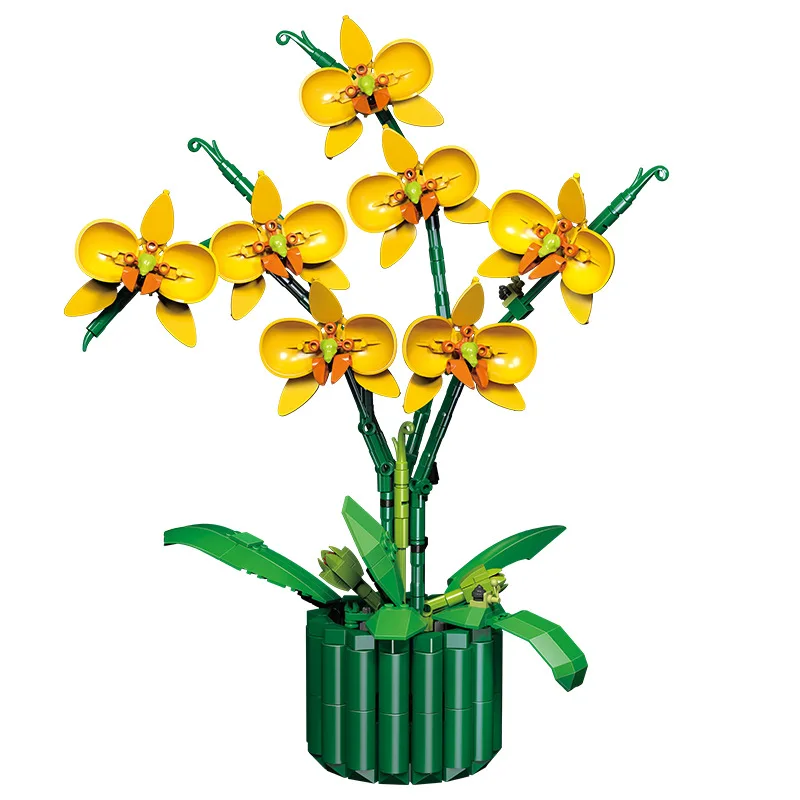 

City Creativity Simulation Potted Yellow Phalaenopsis Orchid Bonsai Desktop Ornament Building Blocks Bricks Toys Gifts
