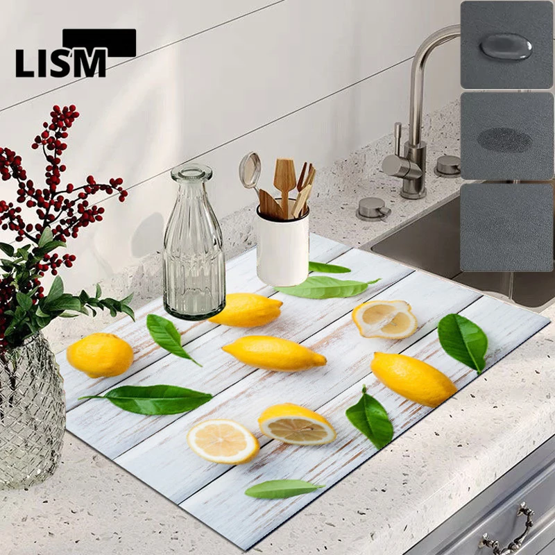 

Spring Lemon Kitchen Dish Drying Mat Super Absorbent Drain Pad Tableware Waterproof Non-slip Placemat Bathroom Faucet Dry Rug