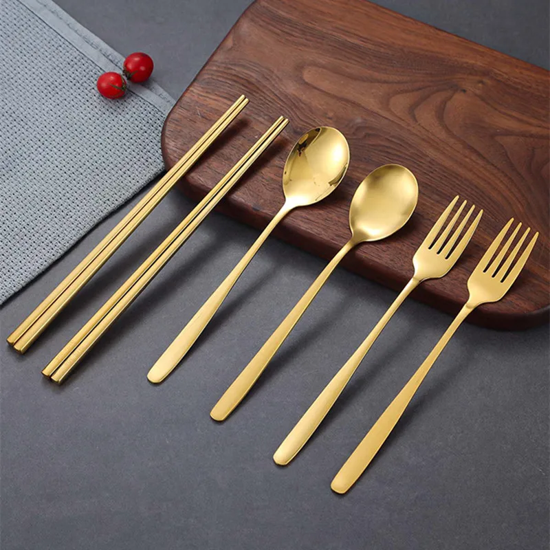 

Mirror /Matte 304 Stainless Steel Cutlery Set Square Chopsticks Flat Handle Spoon Fork Korean Tableware Kitchen Accessories