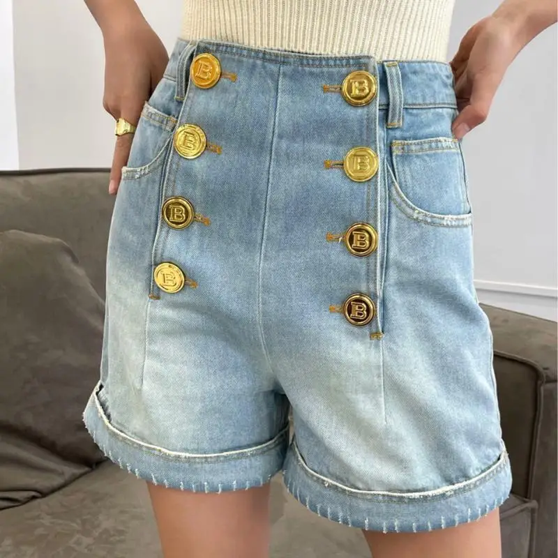 

Luxury Design Summer Fashion Stylish Quality High Waist Women Washed Mini Denim Shorts Elegant Chic Golden Buttons Shorts