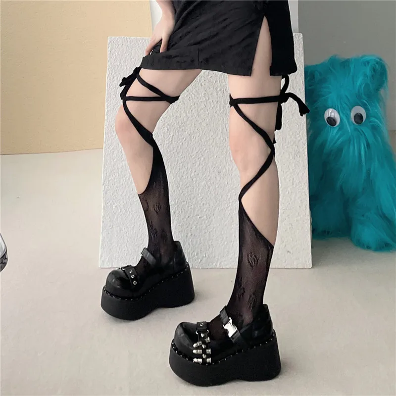 Japanese Lolita In Thin Tube Fishnet Stockings With Hollow Out Irregular Bind Each Toe Socks Asymmetric Jk Calf Socks