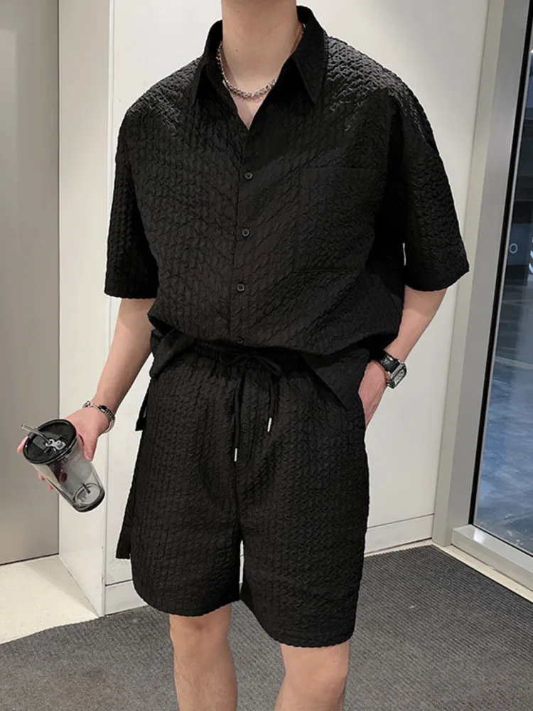 

SYUHGFA Men Clothing Short Sleeve Texture T-shirt Loose Causal 2022 Summer Streetwear Shorts Korean Fashion Two Pieces Sets