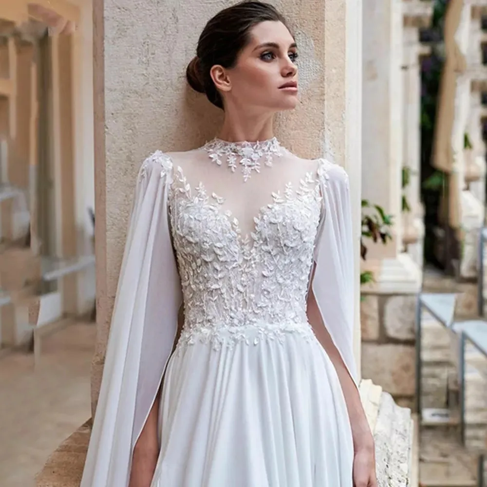 

Elegant High Neck Cape Sleeves Wedding Dress Lace Vestidos De Novia Side Slit A Line Bridal Gown Custom Made свадебное платье