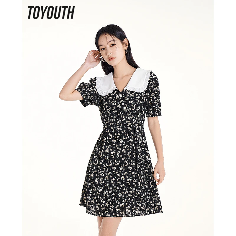 Toyouth Women Dress 2023 Summer Short Sleeve Lace Doll Collar A-shape Slim Waist Vintage Yellow Floral Printing Elegant Skirt