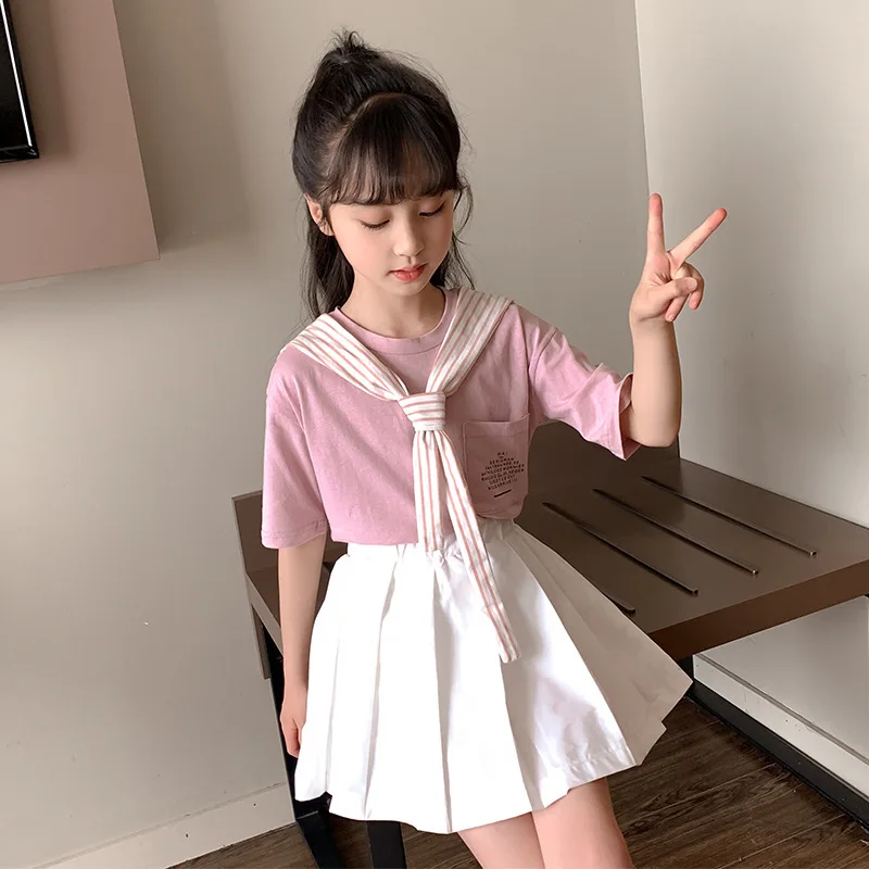 

Summer Clothes for Girls Kids Short Sleeve T-shirt+Short Pleated 2 PCS Sets Baby Preppy Style Children's Clothing Outfits