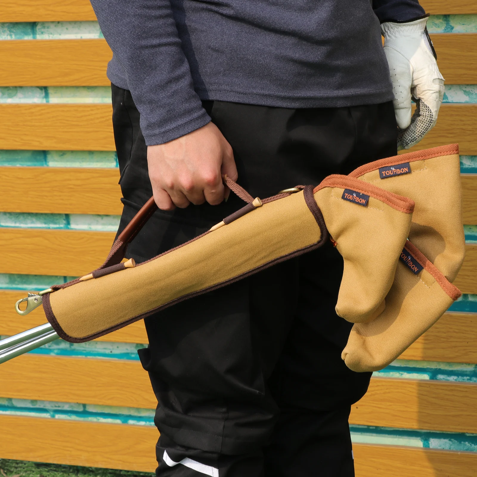 Tourbon Vintage Canvas Golf Club Head Pouch Carrier Fleece Padded Golf Club Carrier Canvas & Leather Golfing Clubs Bag  1Set