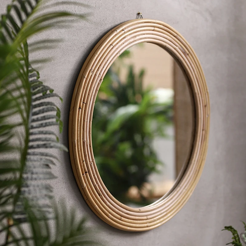 

Art Mirror Bathroom Wood Makeup Aesthetic Antique Hallway Hair Dressing Rattan Salon Wall Mirror Design Miroir Mural Home Decor