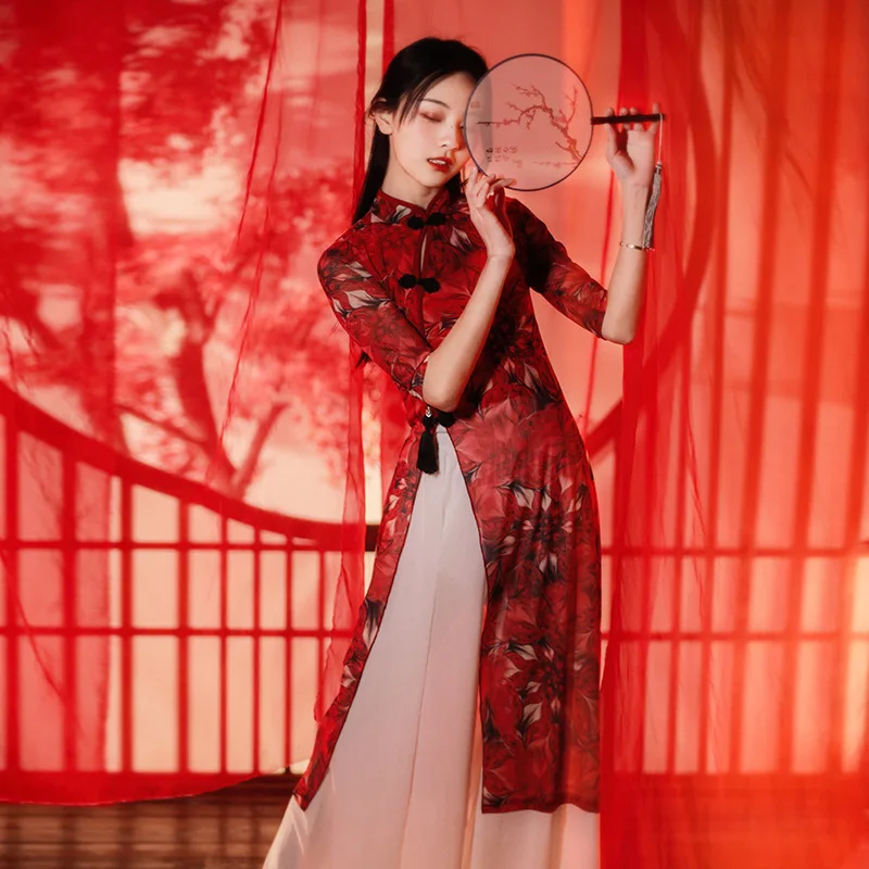 

2023 chinese style improved cheongsam printing classical dance performance classical dance practice performance clothes g43