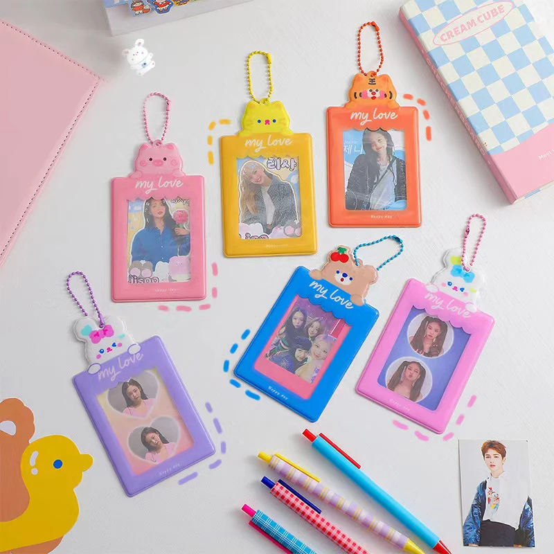

Korea Cartoon animals Card Holder With Chain 3 Inch Kpop Idol Photo bus Card Photo Sleeve Key Chain Pendant School Stationery