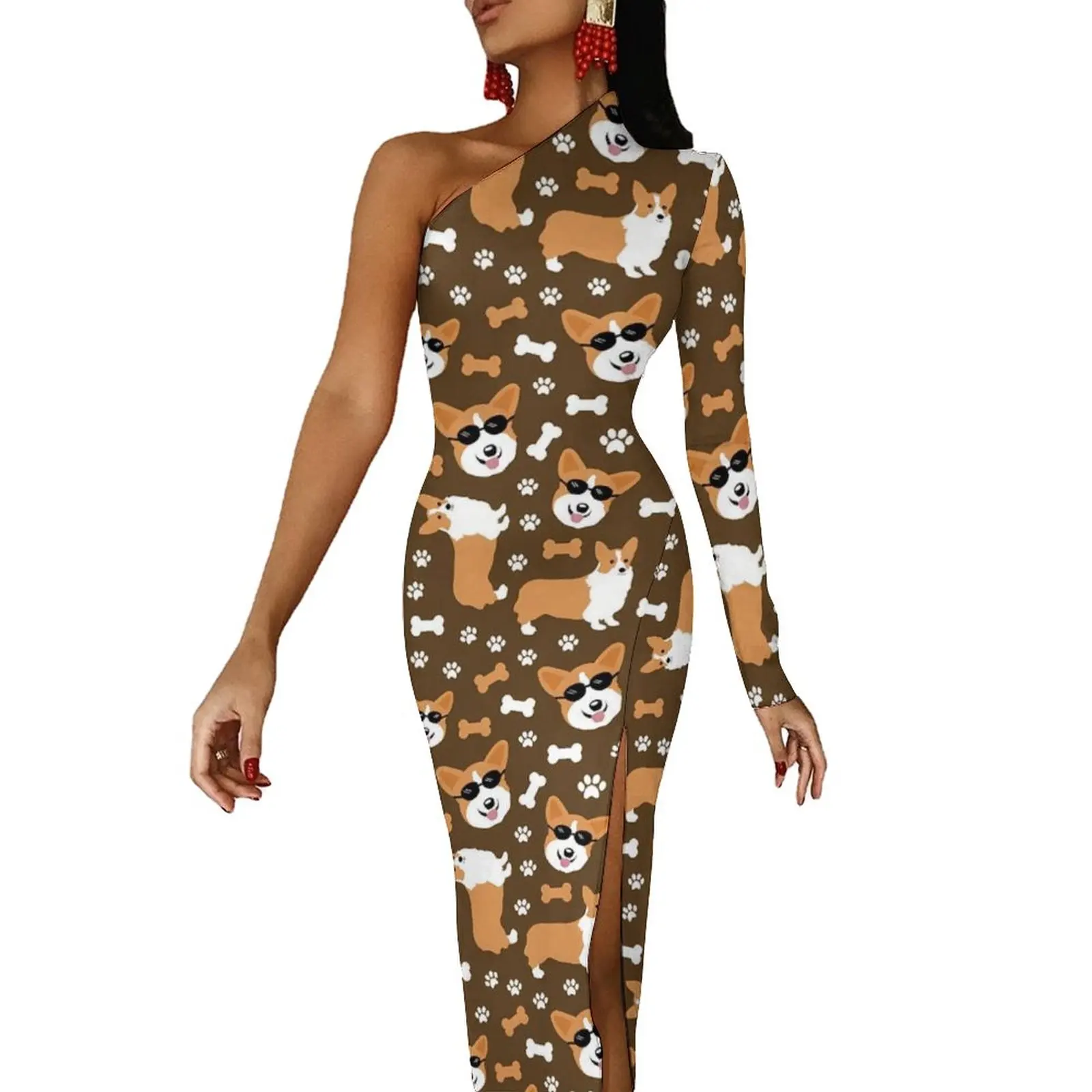 

Облегающее платье с принтом корги, весеннее милое весеннее платье с вышивкой, современное длинное платье с Боковым Разрезом и длинным рукавом, индивидуальное женское платье