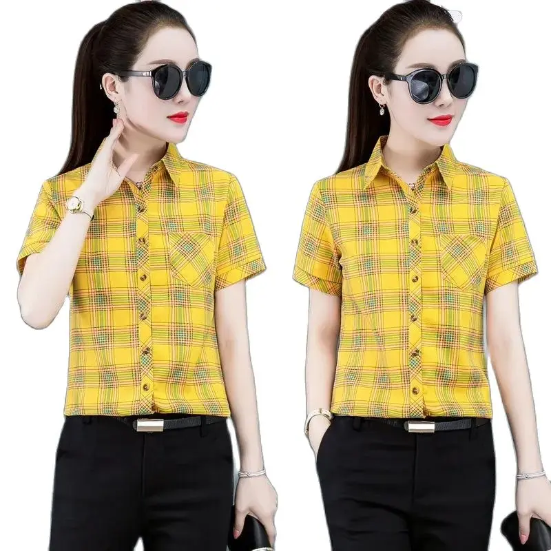 Женская модная клетчатая однобортная рубашка куртка с коротким рукавом Новинка