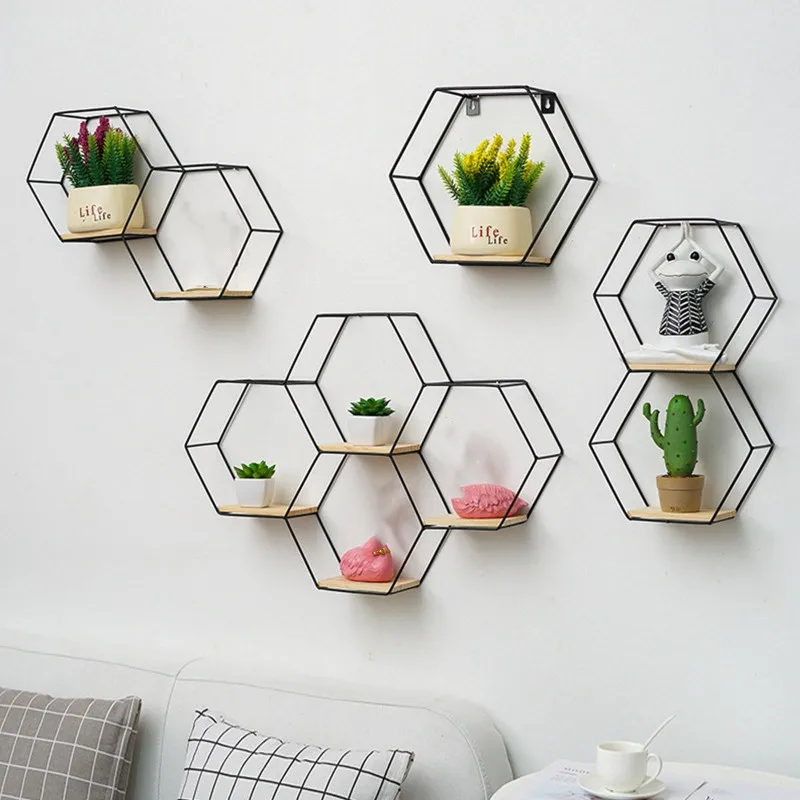 Nordic Wall Mounted Floating Hexagon Shelf Metal Framed Storage Holder Rack with Wooden Board Geometric Frame Stand Home Decor