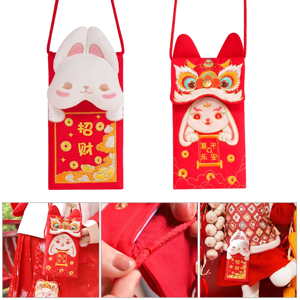 

2023 Year of the Rabbit Red Envelope Chinese Spring Festival Red Pockets Cute Rabbit Lucky Money Packets with Lanyard Gift Bag