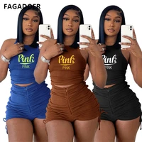 fagadoer casual solid pink letter print two piece sets crop tops skinny zip shorts side drawstring suits casual 2 pcs women