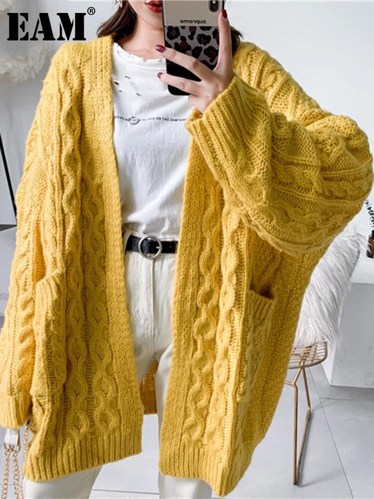 

[EAM] Red Brief Big Size Knitting Cardigan Sweater Loose Fit V-Neck Long Sleeve Women New Fashion Tide Autumn Winter 2023 1Y200