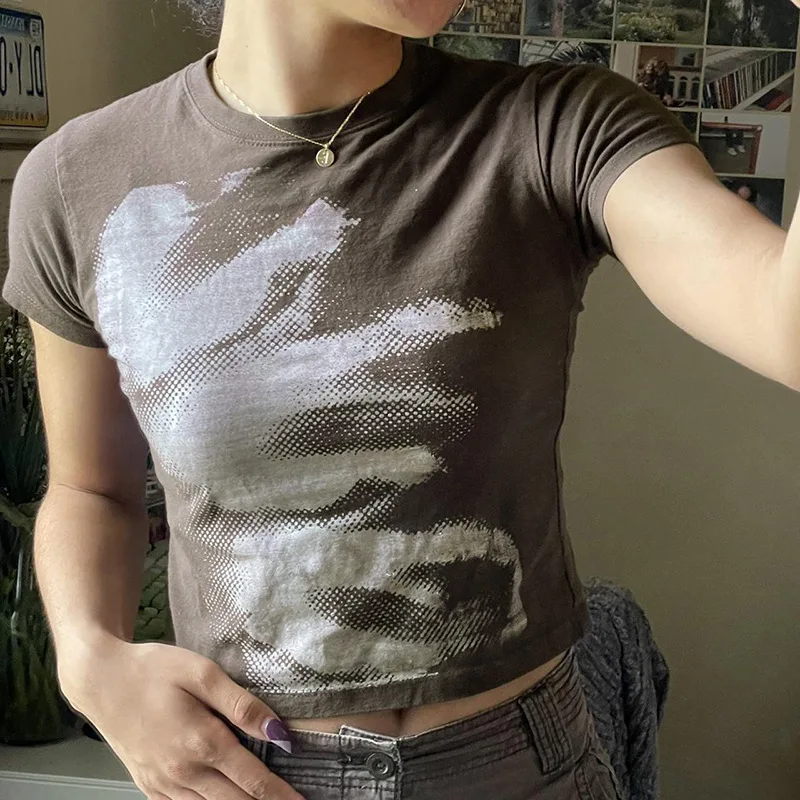 

Combhasaki Streetwear Grunge Kawaii Women Harajuku Y2K Slim Fit T-shirt Round Neck Tie Dye Abstract Print Show Navel T-Shirts