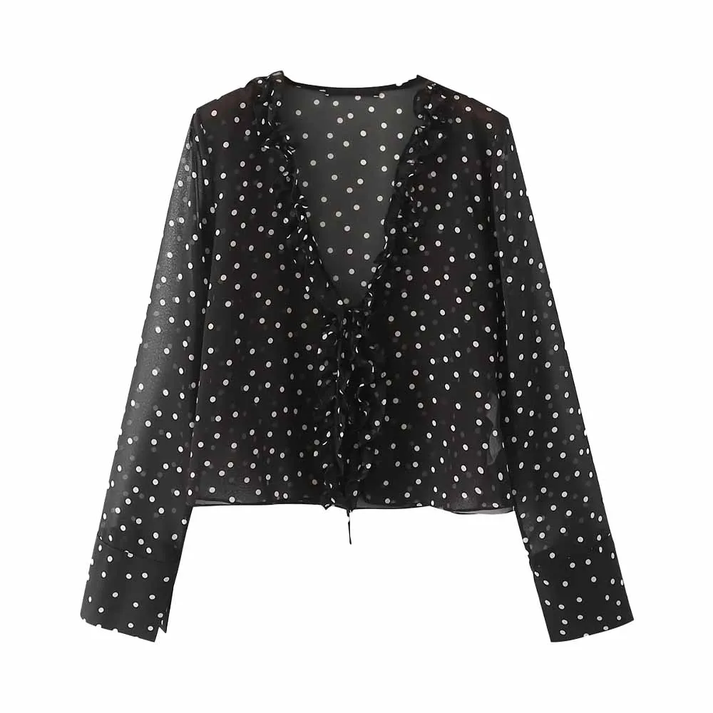 

WOMEN TRAF2022 New Fashion Laminated Decorative Polka Dot Shirt Temperament Design Long Sleeve V Neck Female Chic Blouse 3067166