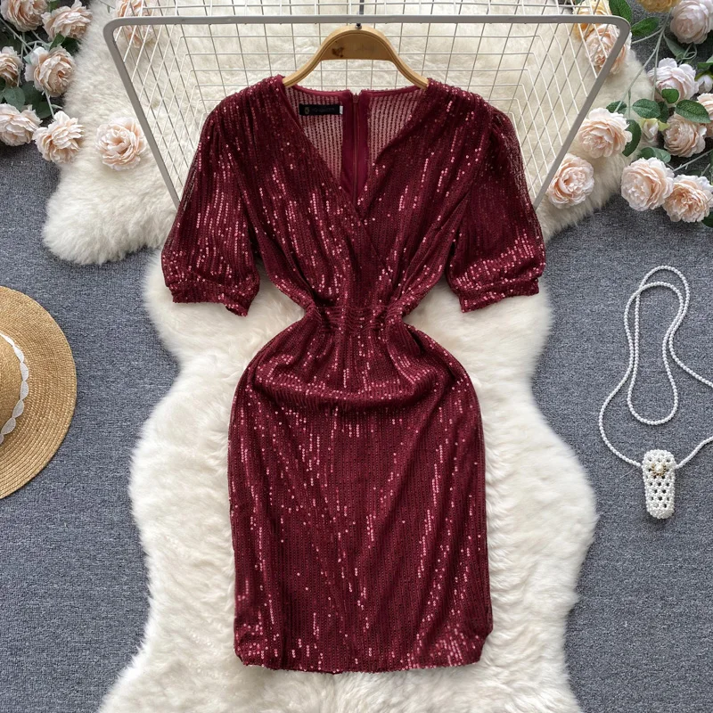 

Summer New Design Sense of New Sequins Temperament Celebrity V-neck Long Paragraph Package Hip Dress