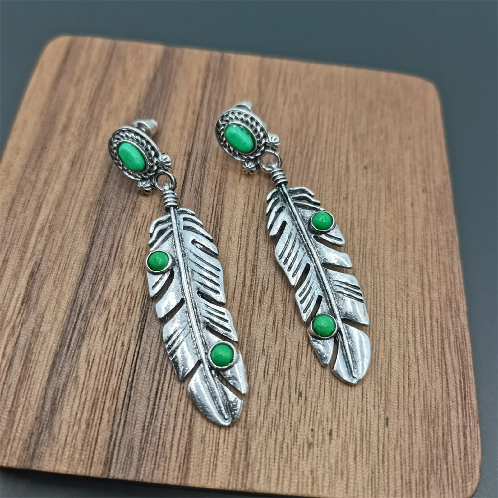 

Vintage Long Drop Earrings For Women Turquoise Metal Ethnic Boho Feather Earrings Moon Star Water Droplet Dangle Earring Jewelry