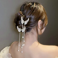 korean elegant pearl wings headdress long tassel crab hair clips hair accessories for women girls jewelry