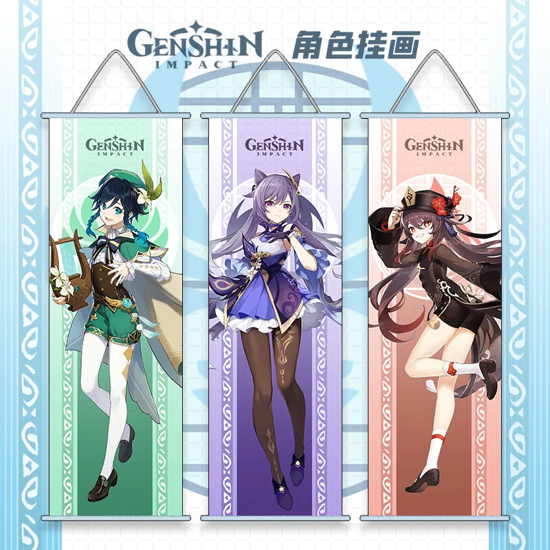 

Game Genshin Impact Hanging Painting Anime Barbatos Keqing Klee Zhongli Diluc Venti Qiqi Scroll Canvas Wall Room Decoration Gift