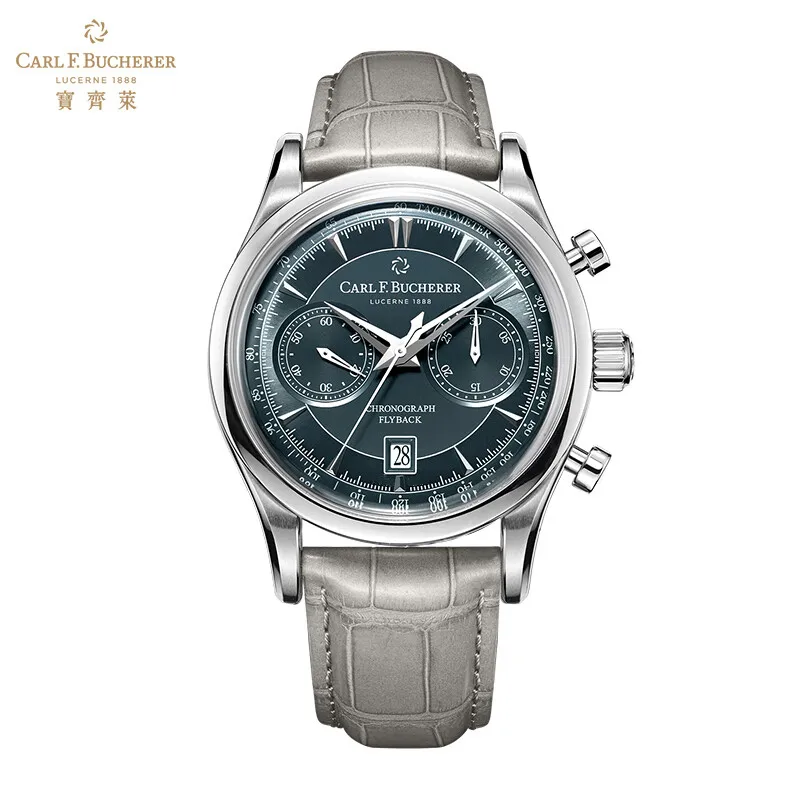 

New Carl F. Bucherer Watch Marley Dragon Flyback Chronograph Gray Blue Dial Top Leather Strap Quartz Men's Watch Reloj Hombre