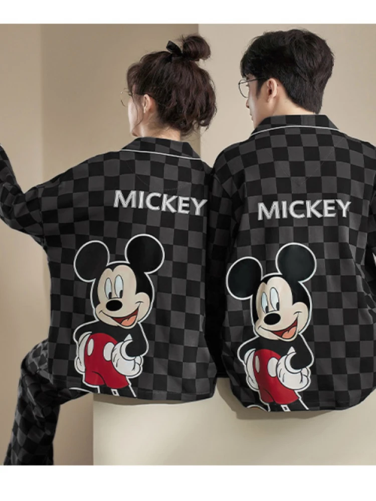 Disney Autumn Winter Cotton Pajamas Set for Women Men Couples Nightwear Loose Long Sleeve Sleepwear Set Home Clothes Outfits