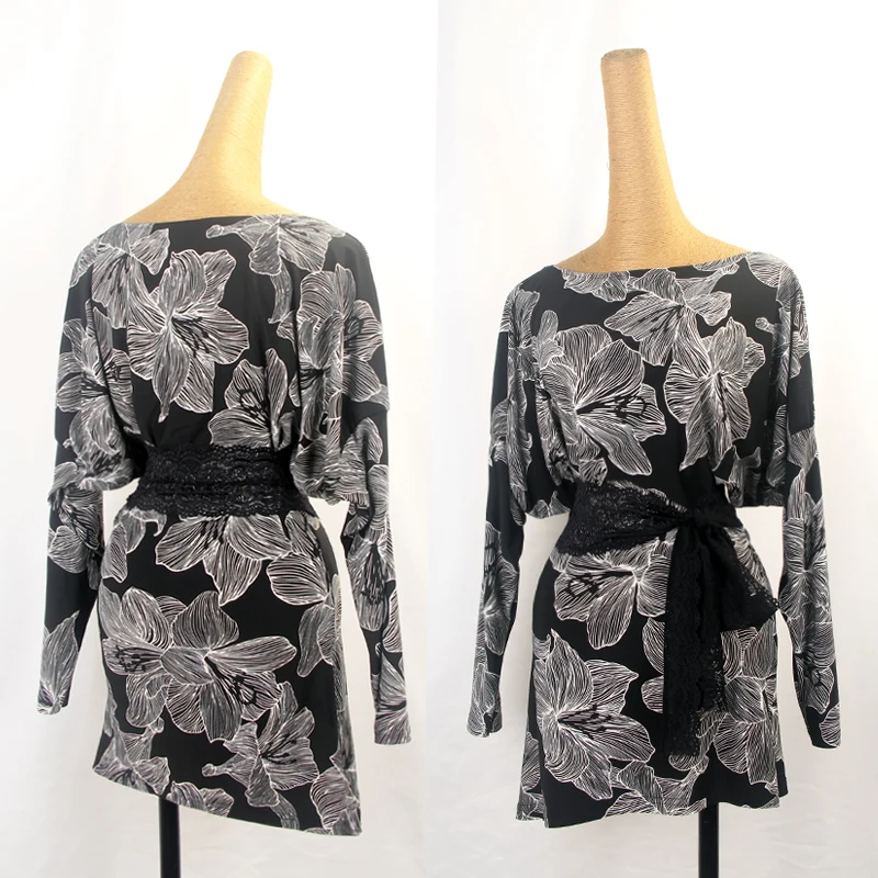 Новое платье для латинских танцев свободное с принтом + кружевной пояс 2 шт.