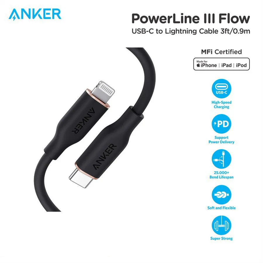 

Anker Powerline III Flow, USB C to USB C Cable 100W 3ft, USB 2.0 Type C Charging Cable Fast Charge for MacBook Pro 2020