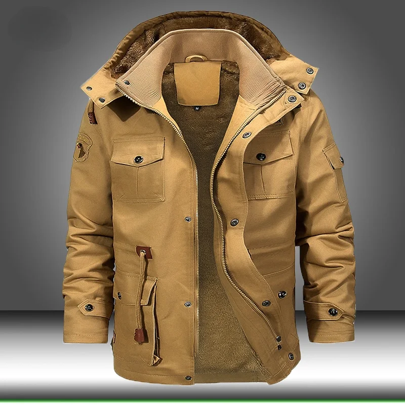 

Men's Multi Pocket Cargo Jacket, Winter Hooded Warm Jacket, Hip Hop Polar Windbreaker, Men's Tactical Military Jacket