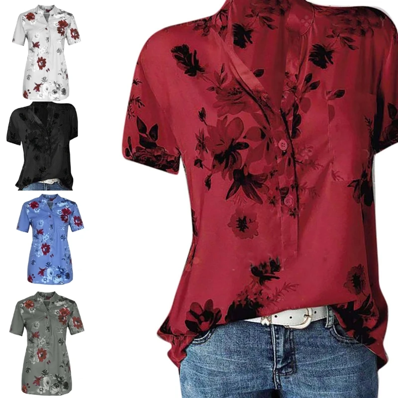 

Women Spring Summer Blouses Shirts Lady Casual Short Sleeve Printed Blouses