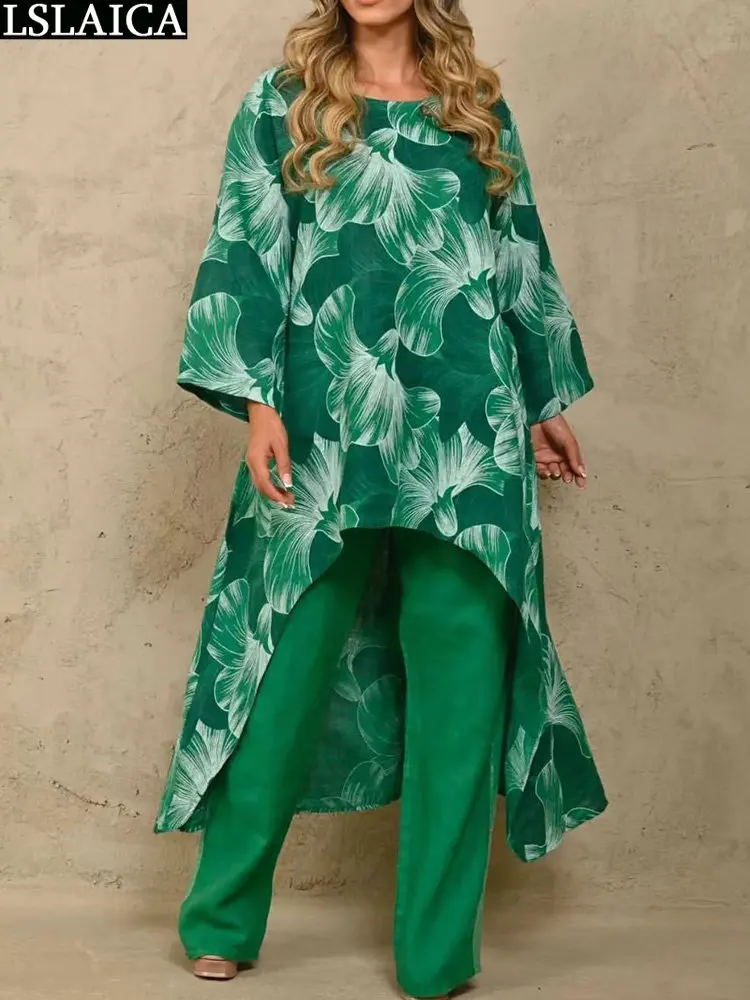 

Свободная Асимметричная блузка, комплект из двух предметов для женщин, весенние модные комплекты, Женский комплект из 2 предметов, топ с принтом и штаны, винтажный летний 2023
