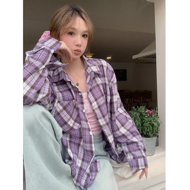 Женская клетчатая рубашка Повседневная однобортная блузка с отложным