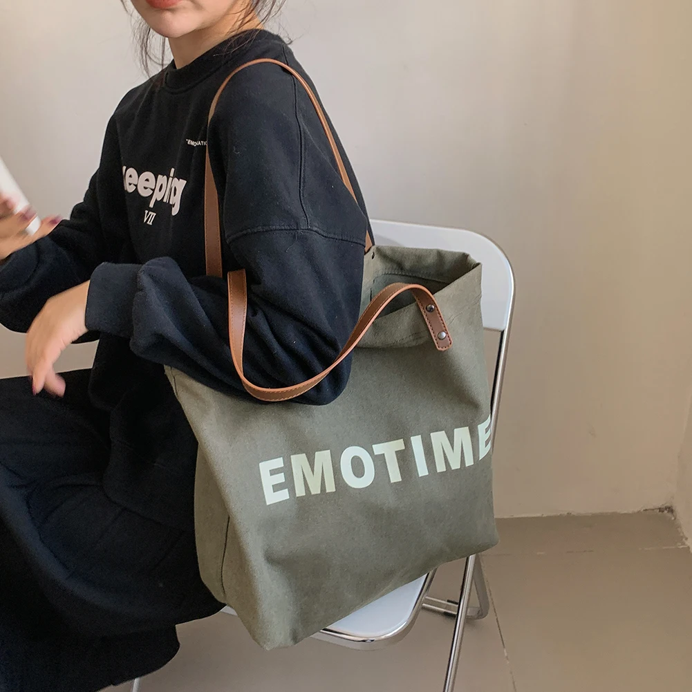 

Retro Green Tote Bags EMOTIME Women's Letter Canvas Handbag Ladies Shopper Bag Large Shoulder Underarm Bag Satchel Bookbags Sac