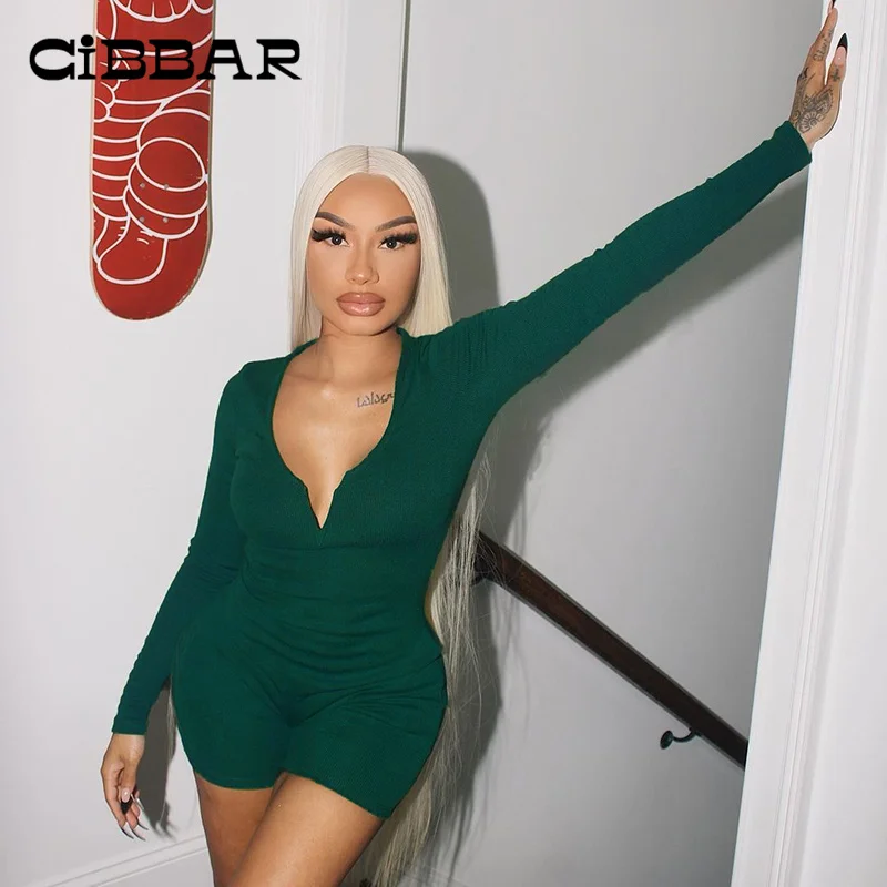 

CIBBAR 2023 Новый женский однотонный зеленый комбинезон с длинным рукавом Облегающий комбинезон с V-образным вырезом ребристый Повседневный Кор...