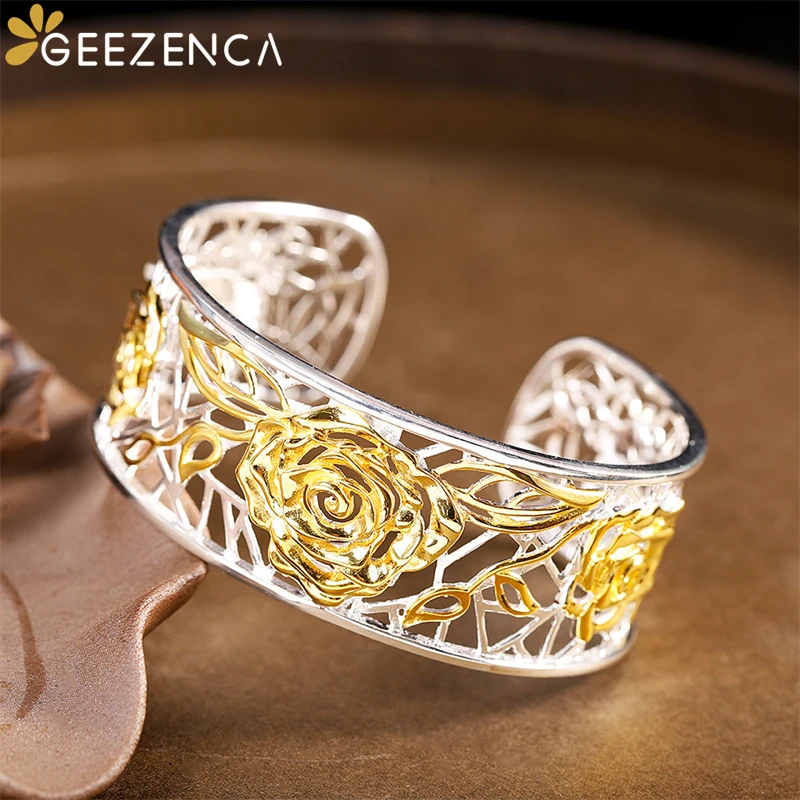 

Geezenca S925 Silver Dual Color Peony Flower Butterfly Bangle Women Hollow Carve Cuff Bracelet Vintage Gorgeous Fine Jewel Gift