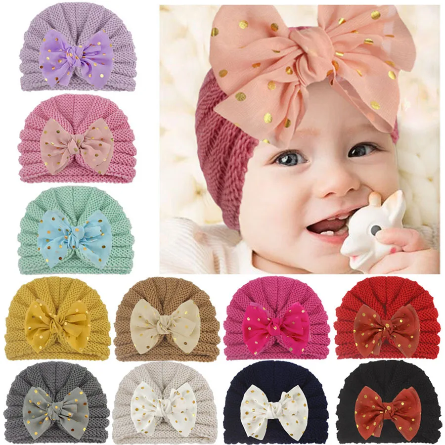 

Cute Dot Bow Knitted Hat For Baby Girls 0-2 Years Beanies Turban Cap Boys Knit Headwear Hats Caps Photography Prop Accessories