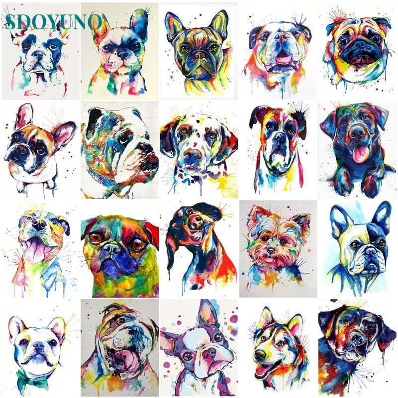 SDOYUNO Painting By Number Animal Color Bulldogs DIY Kits On Canvas Oil Picture Drawing Coloring Acrylic Paint By Number Decor W