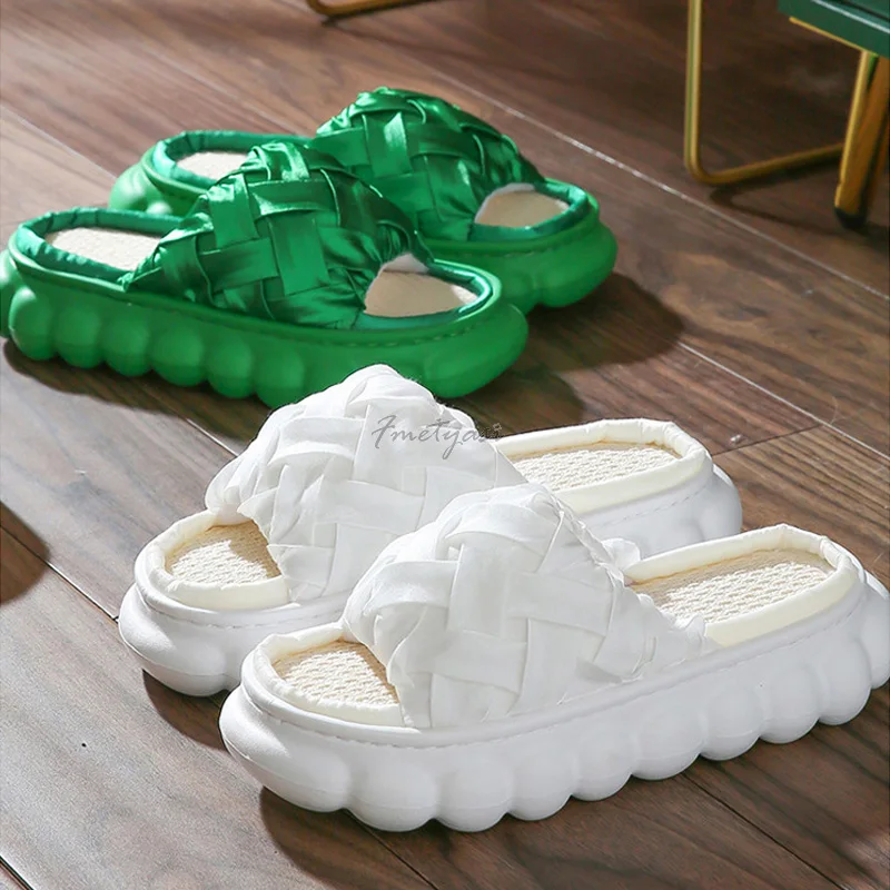 Linen Weave Slippers House for Women Thick Sole Shoes for Female Thick Platform Slippers Indoor Non-Slip Woman Slides for Home