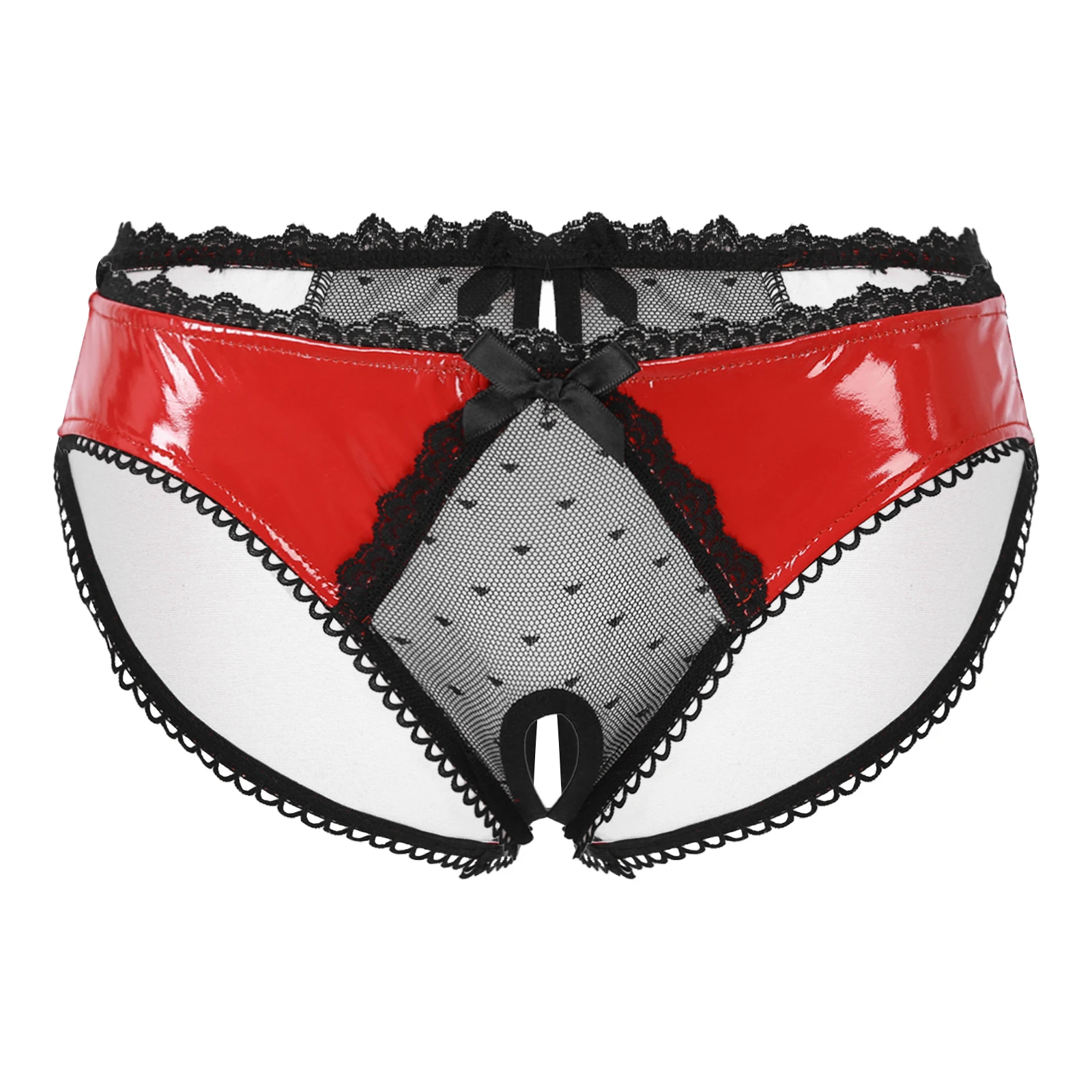 

Womens Sheer Lace Patchwork Open Crotch Briefs Underpants Glossy Patent Leather Thongs Underwear Bowknot Low Waist Panties