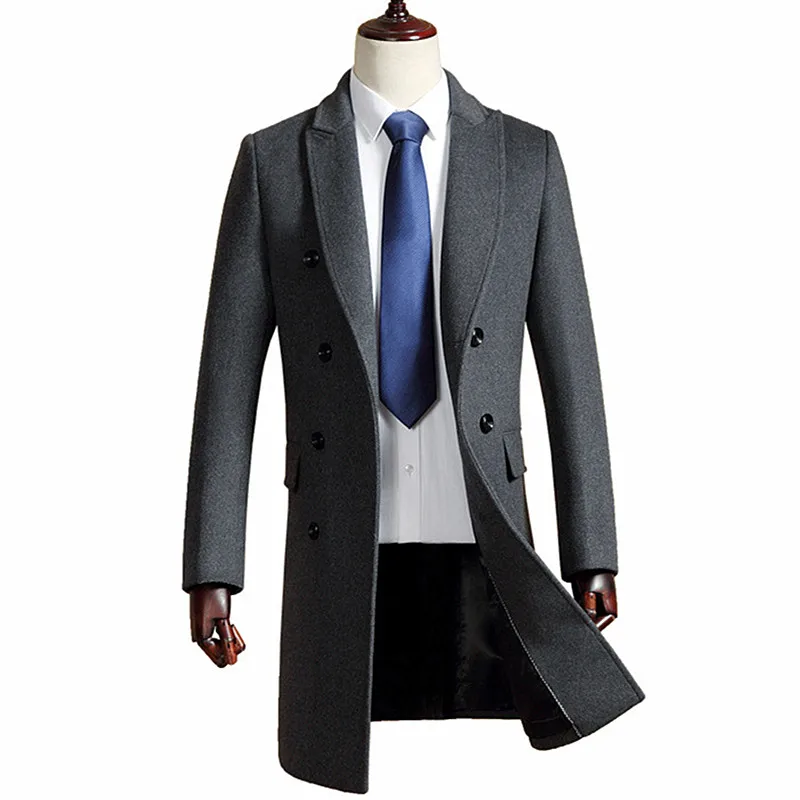 

Wool Jacket Winter Men's Double Breasted Long Section Thick Blends Coat Business Woolen Lapel Slim Trench Jacket Windbreaker