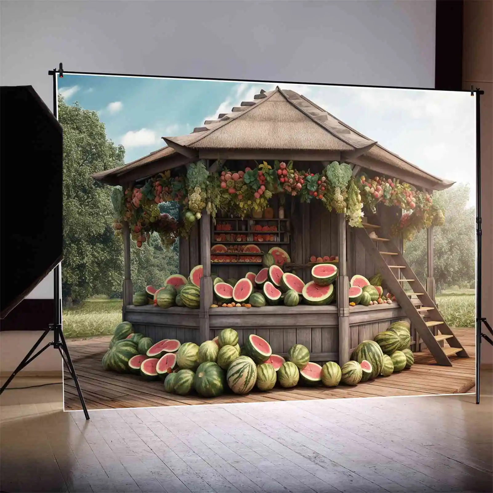 

MOON.QG Backdrop Children Photo Booth Holiday Decoration Background Custom Tropical Wood Park Fruit Shop Watermelon Store Props