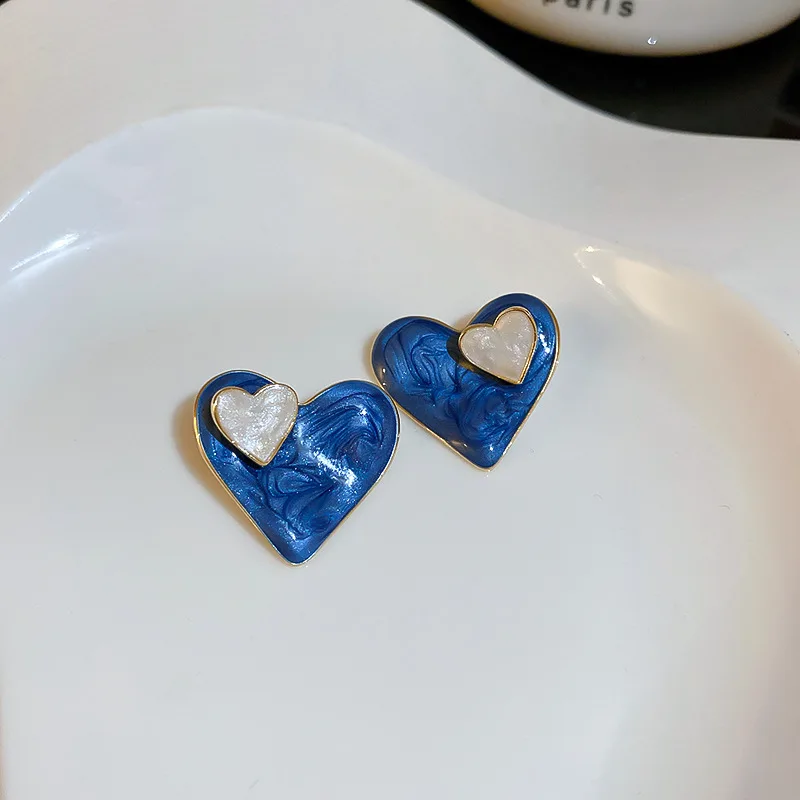 Fashion Double Blue Love Heart Stud Earrings for Women Girls Korean Wedding Party Statement Enamel Jewelry Lady Friendship Gift