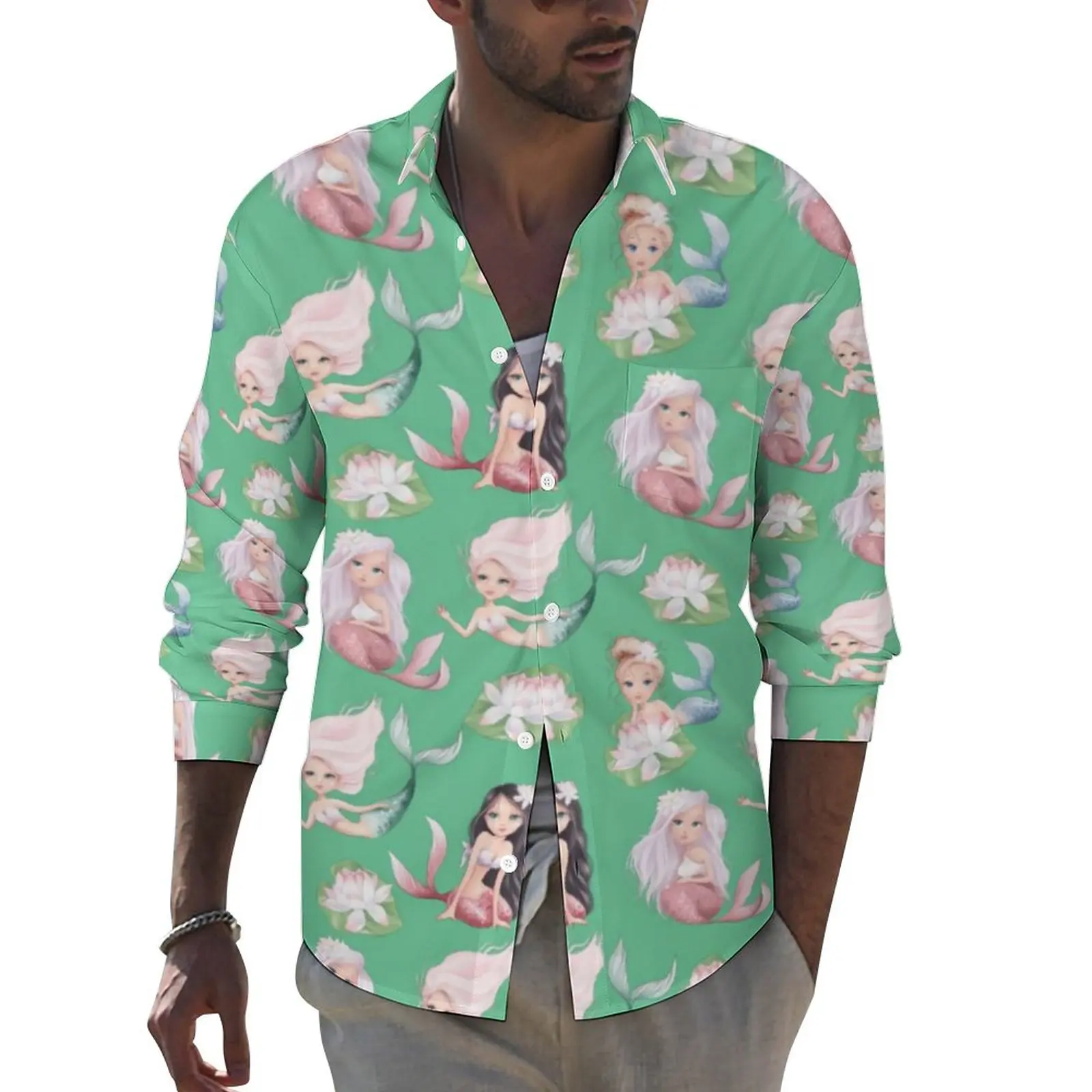 

Adorable Mermaid Shirt Floral Print Casual Shirts Long Sleeve Pattern Y2K Blouses Spring Fashion Oversize Clothing