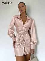 cjfhje long puff sleeve polo neck satin pleated sexy mini dress 2022 autumn winter women solid party elegant streetwear outfit