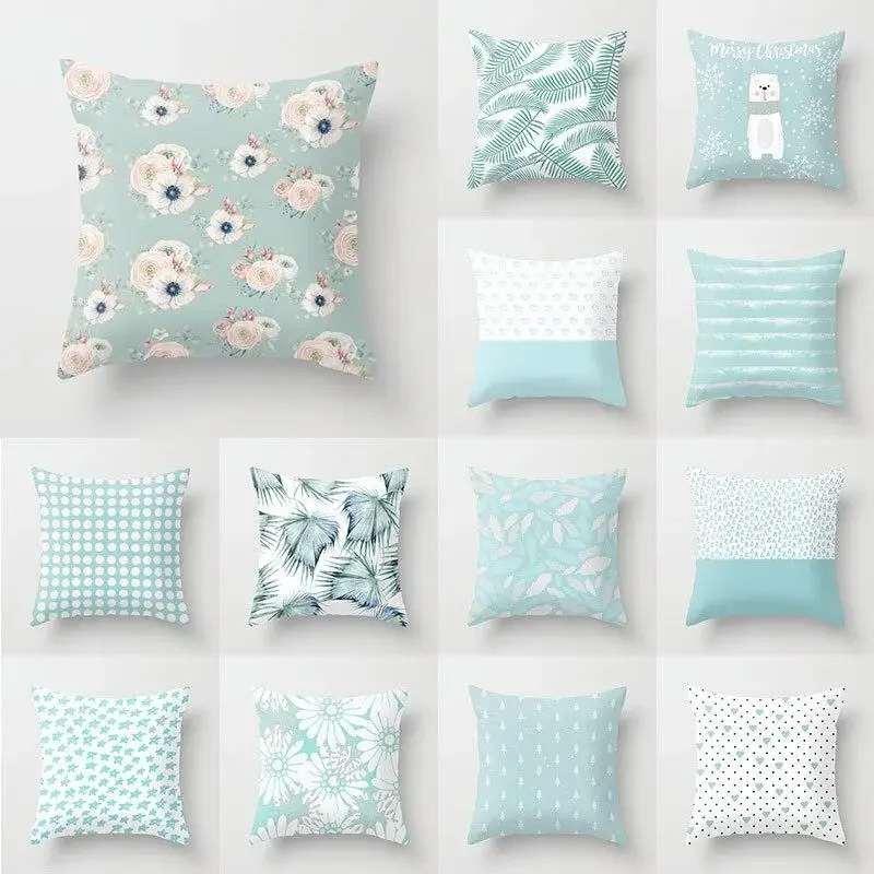 

Light Blue Green Mint Cushion Cases Geometric Pattern Smooth Pillowcase American Style Comfortable Soft Home Decorations 45*45CM