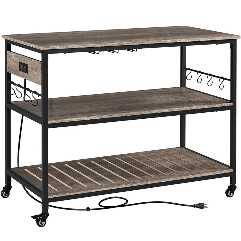 

Rolling Kitchen Cart with Glass Holder and Power Outlets, Taupe Wood
