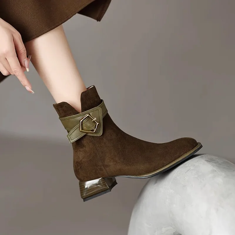 

Designer faux suede leather boots women's fall spring low heeled shoes woman booties square toe ankle boots ladies runway shoes