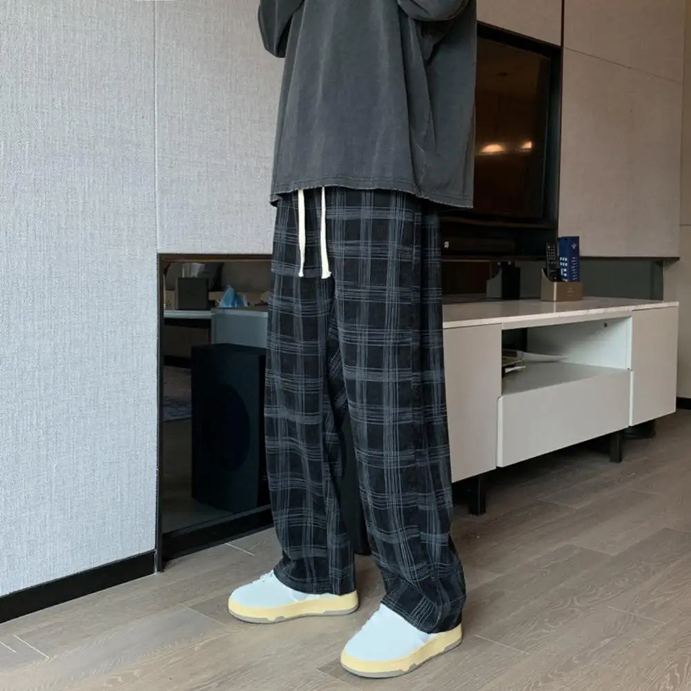 

Autumn Winter Plaid Elastic Waist Men Pants Loose Drawstring Wide Leg Long Pants Temperament Mid Rise Men Trousers For Daily